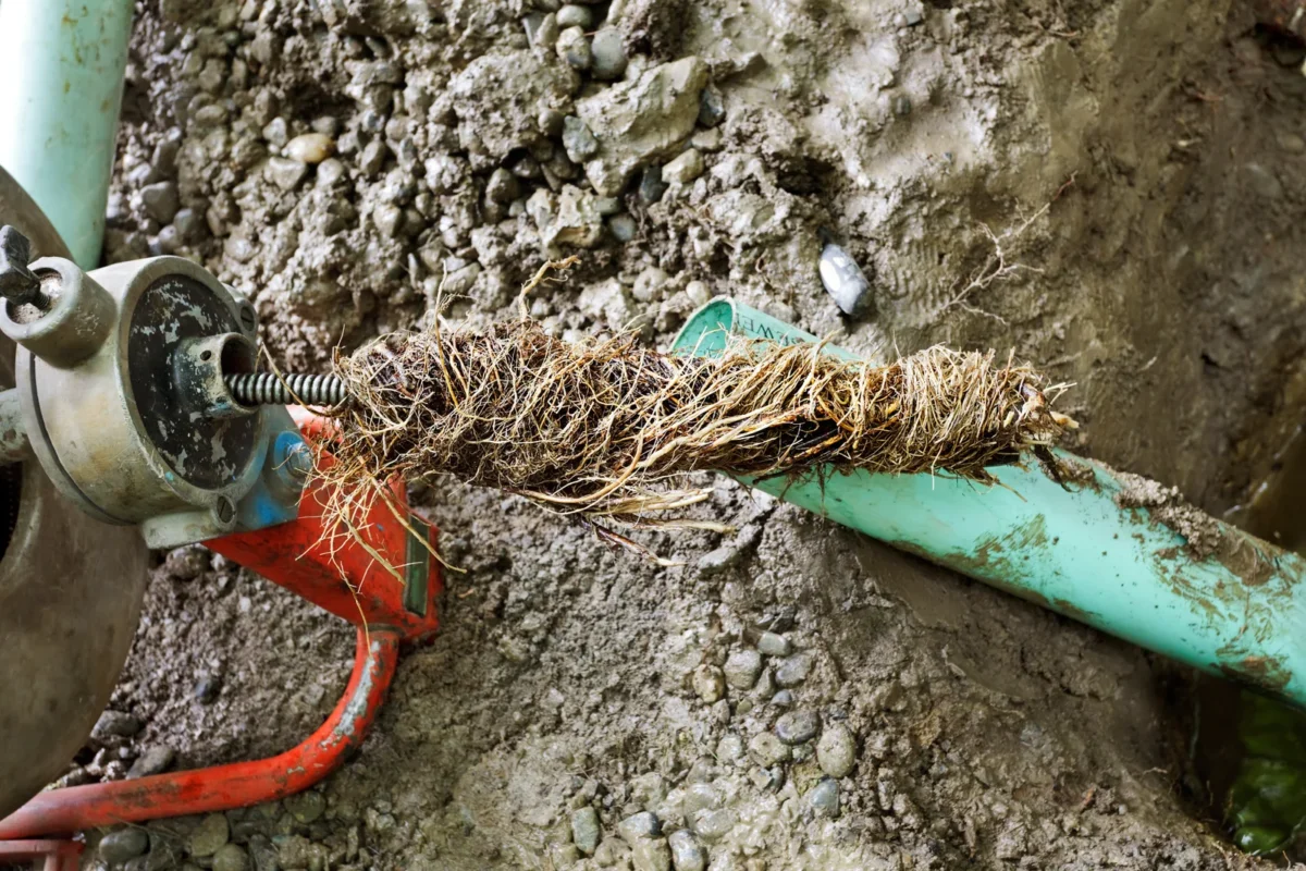 Root mass being withdrawn from a blocked external drainage pipe.