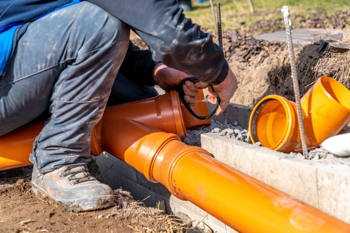 Worker connecting an orange underground drainage pipe in an excavated trench.