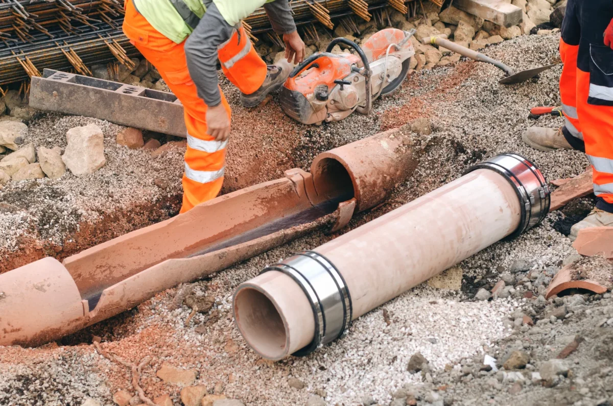 Drainage workers replacing a damaged clay pipe with a new section and couplings.