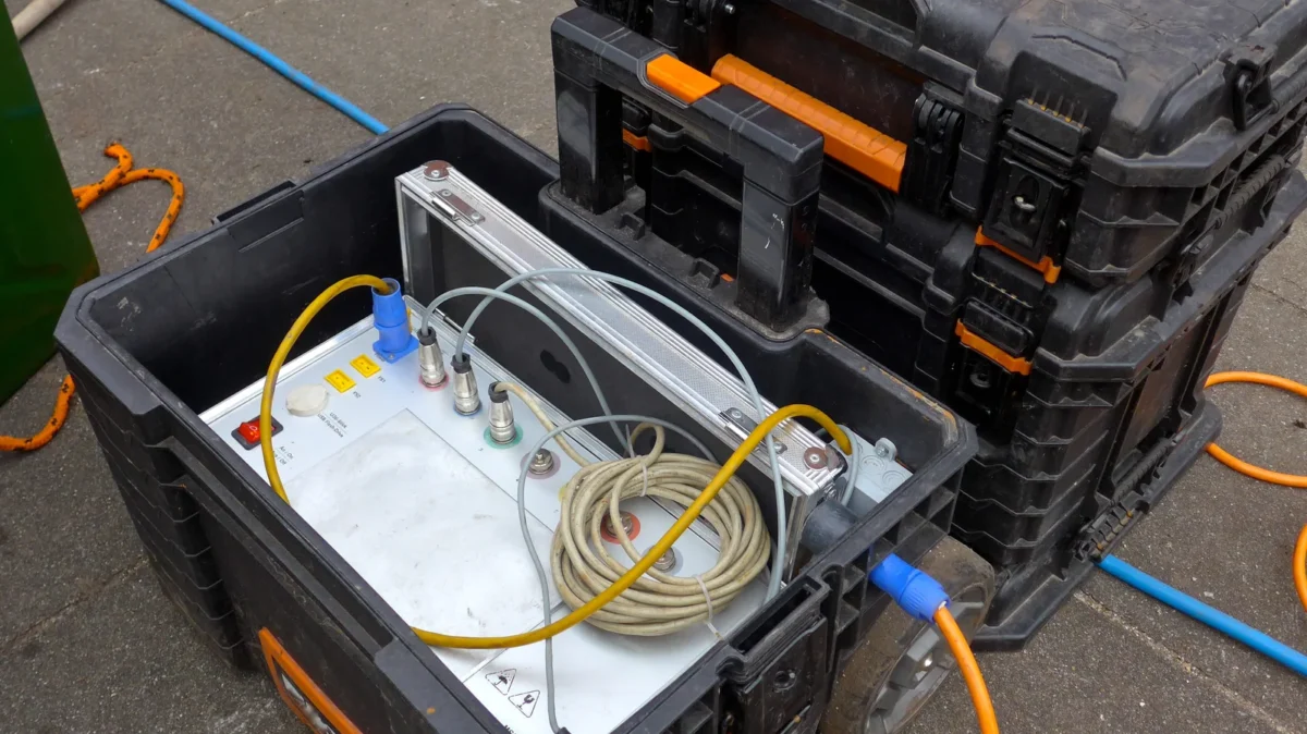 Cables and monitoring equipment in protective cases at a drainage worksite.