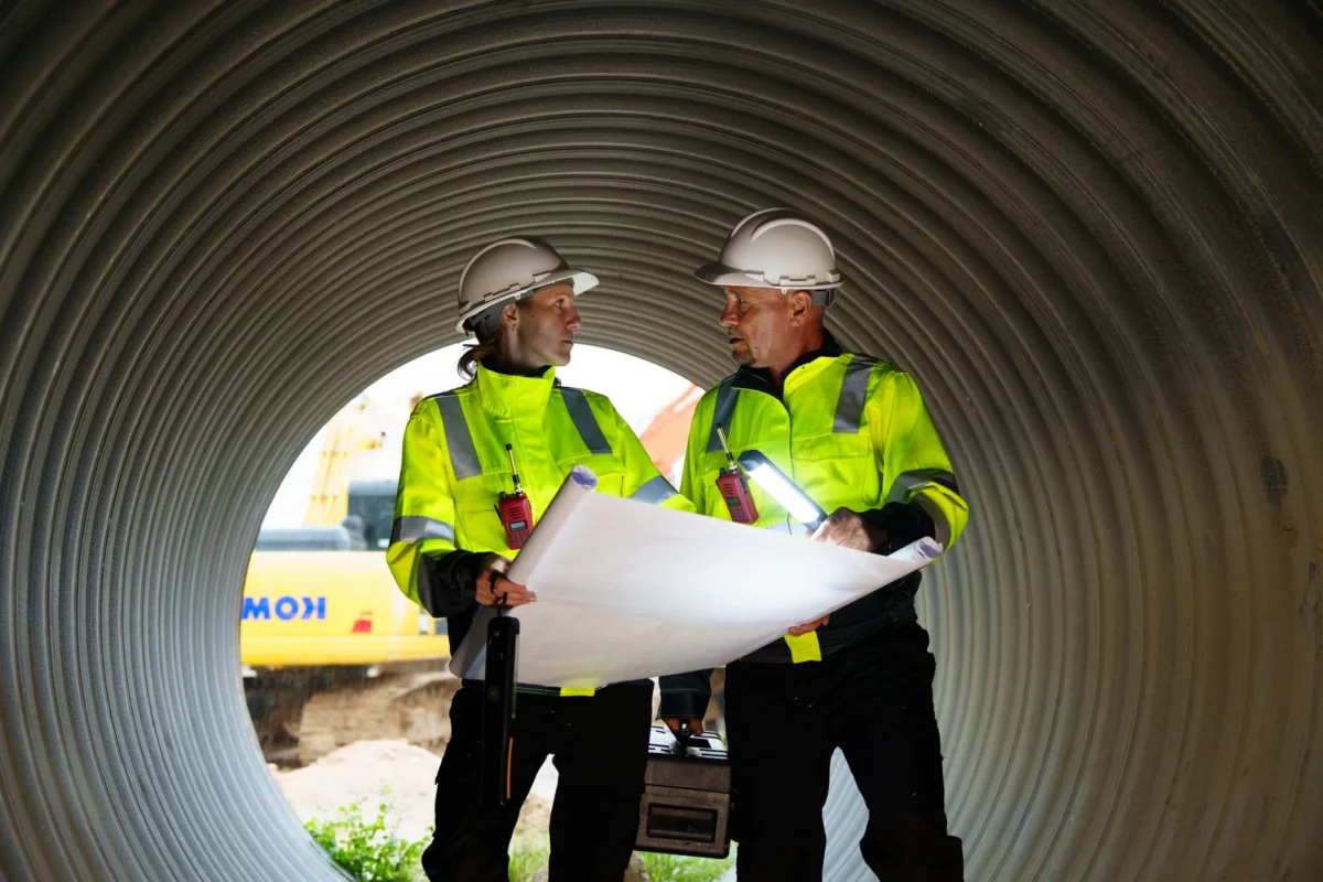 Engineers checking plans inside a large corrugated drainage pipe