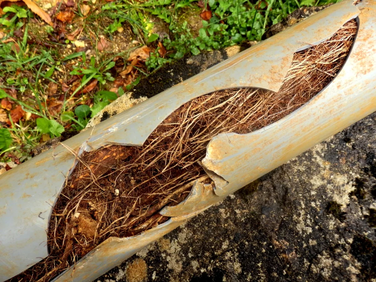 Tree roots filling and splitting an old drainage pipe.