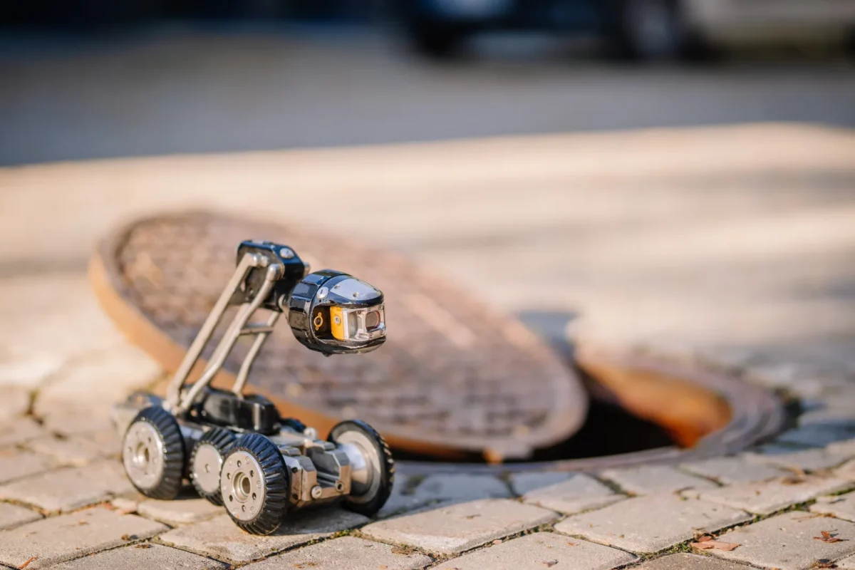 Wheeled CCTV drain-inspection robot beside an open manhole