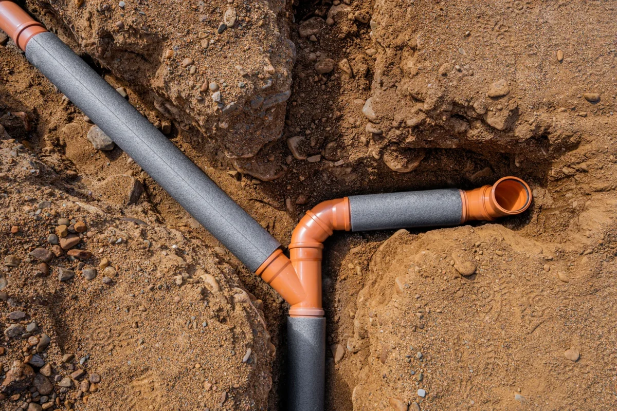 Underground drainage branches connected below a building foundation.
