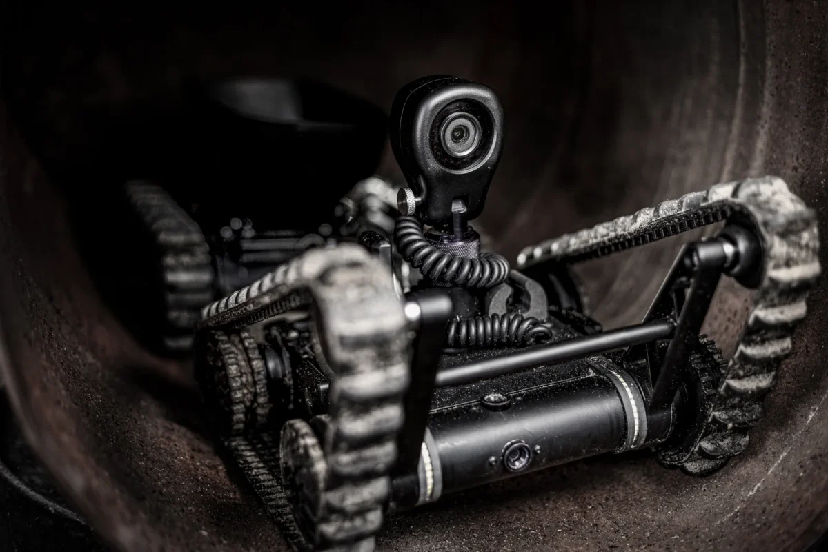 A wheeled inspection camera inside a large drainage pipe.