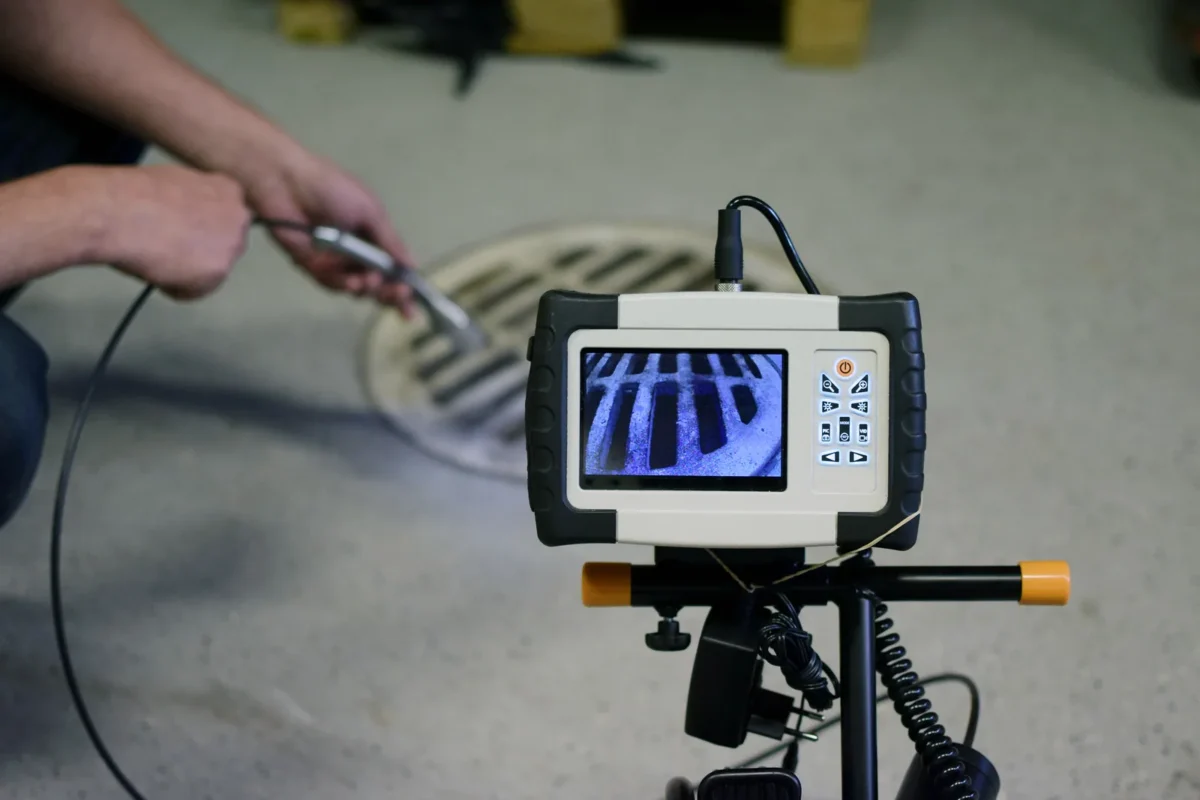 Operator using a portable drain camera and inspection monitor.